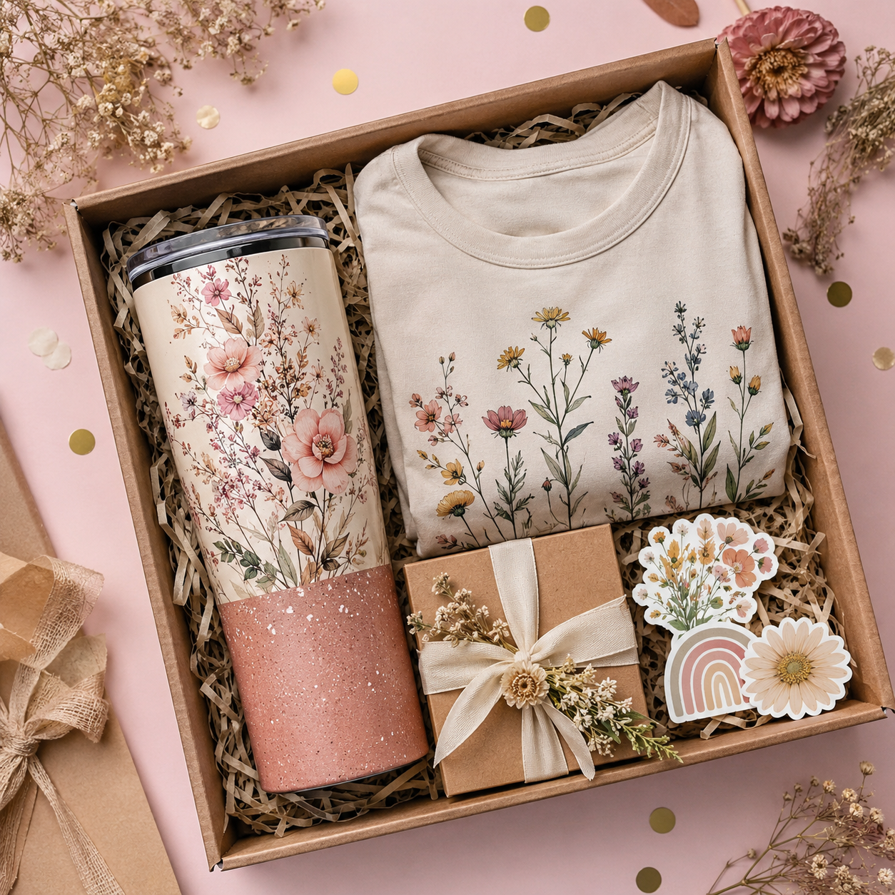 Custom gift box with tumbler, tee and stickers
