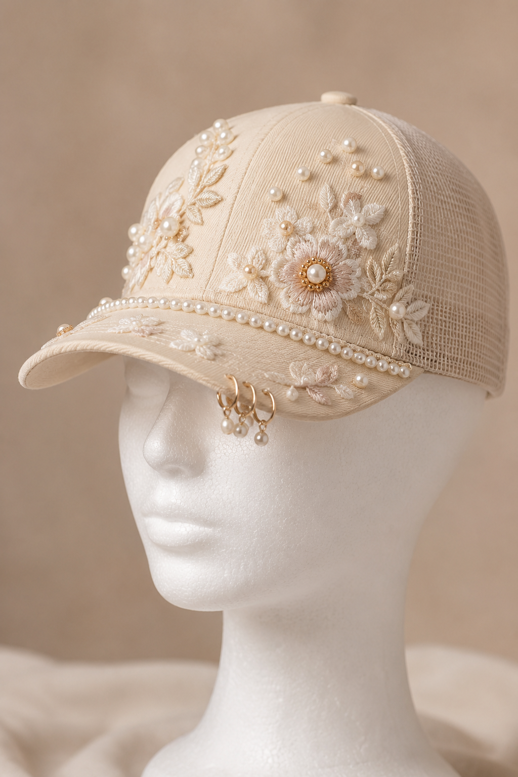 Cream floral pearl cap